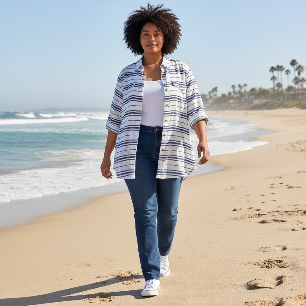 Dotti Button Down Shirt Women Plus 3X White Blue Striped Coastal Beach Cover